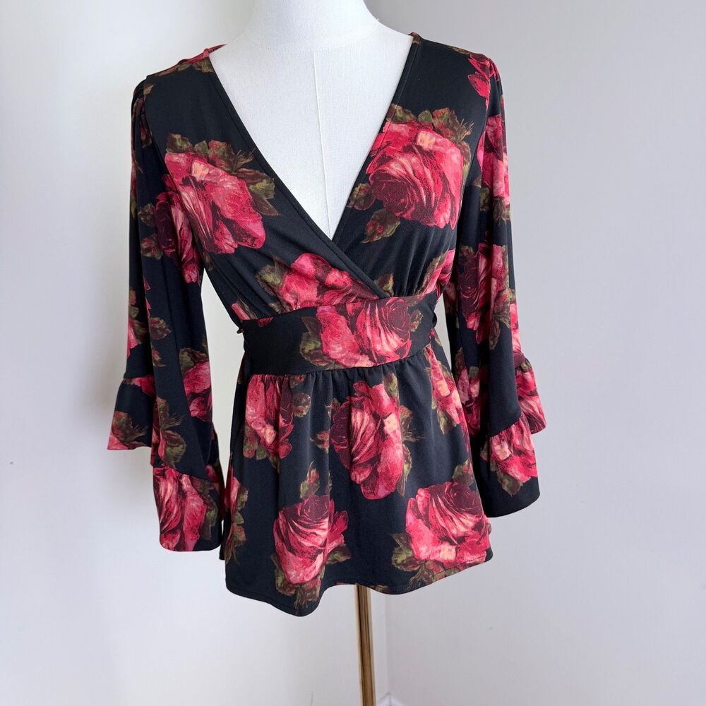 Betsey Johnson Floral Wrap Top S Black Red Roses Bell Sleeve Peplum Boho Romance - Picture 4 of 13